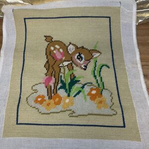 Vintage Finished Needlepoint Baby Deer   Bambi  13”x11” Handmade